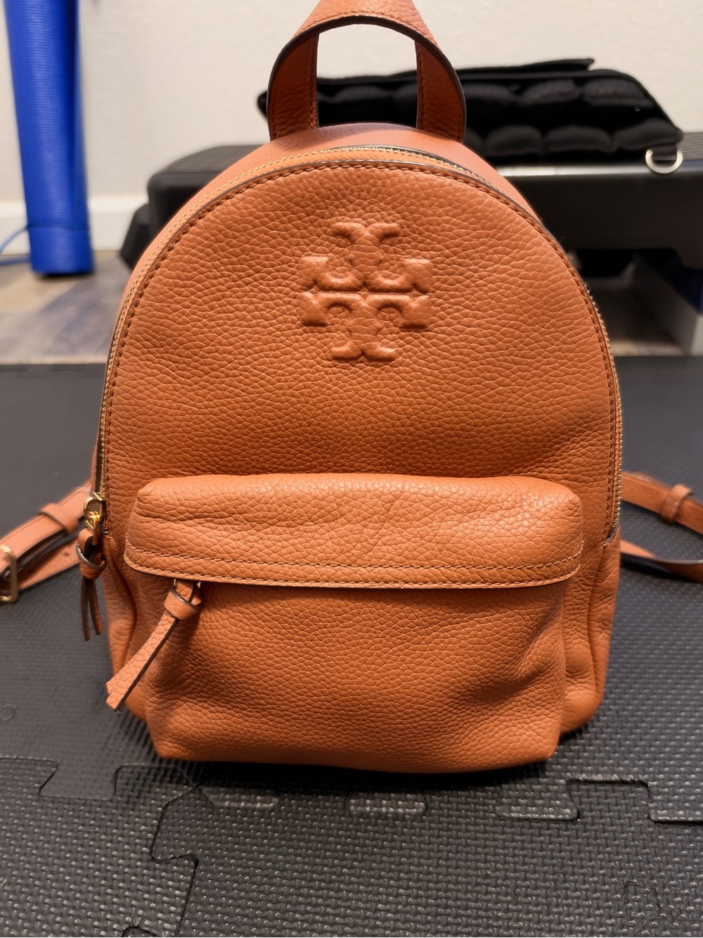 Tory Burch Pebbled Leather Mini Backpack in Cognac